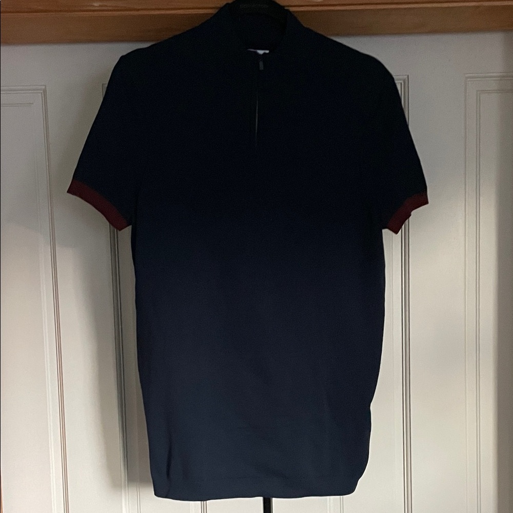 Zara Navy Short Sleeve Polo with Red Cuff Detail
